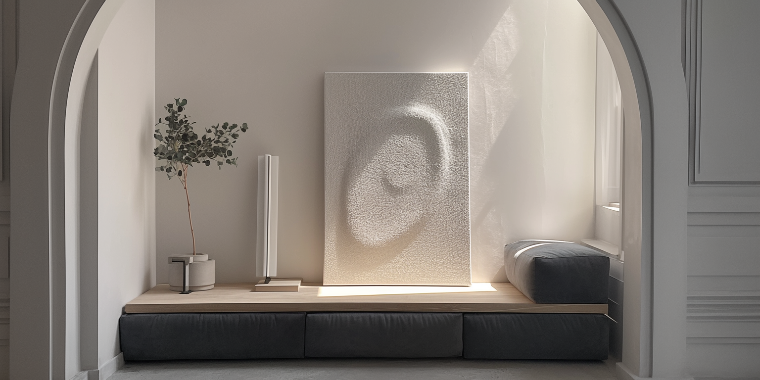 3D wood wall art piece hanging in a minimalist hallway