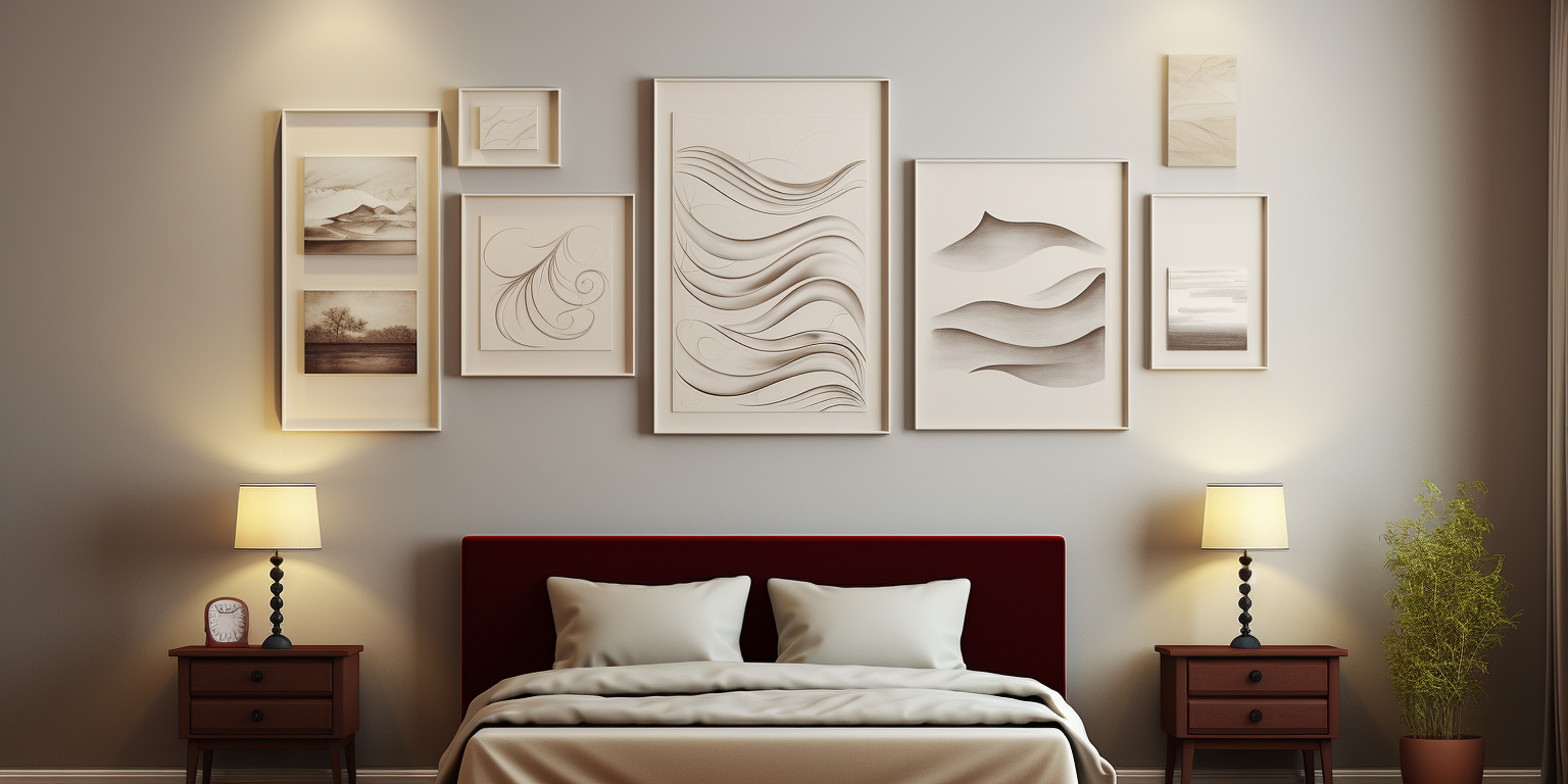 Stylish bedroom featuring modern wall art above the bed for a relaxing atmosphere