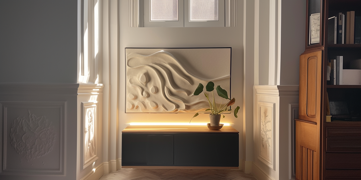 A modern living room with a large piece of abstract wall art above a neutral-toned sofa, demonstrating correct art-to-furniture proportion.