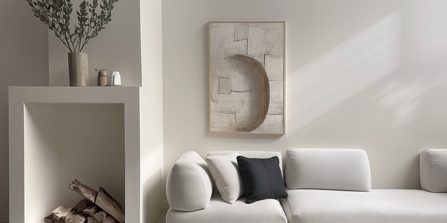 Wall art display with harmonious color tones tying different art pieces together.