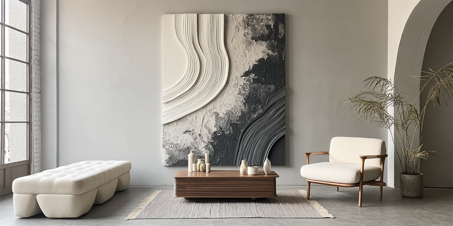 Art Nouveau wall decor in a modern living room with elegant floral poster and soft vintage tones