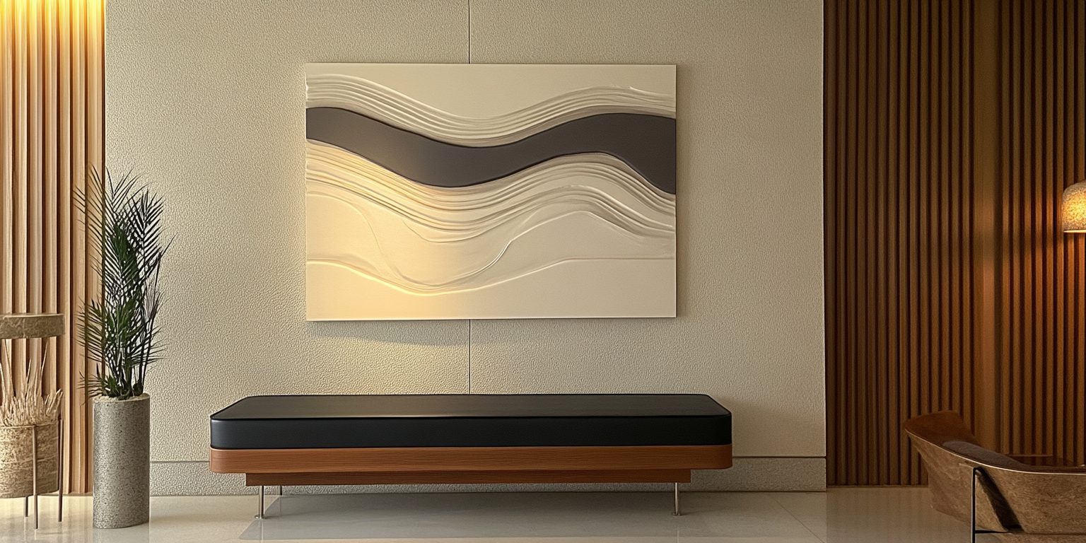 Elegant wall art displayed in modern home interiors including a cozy living room, serene bedroom, and stylish dining area