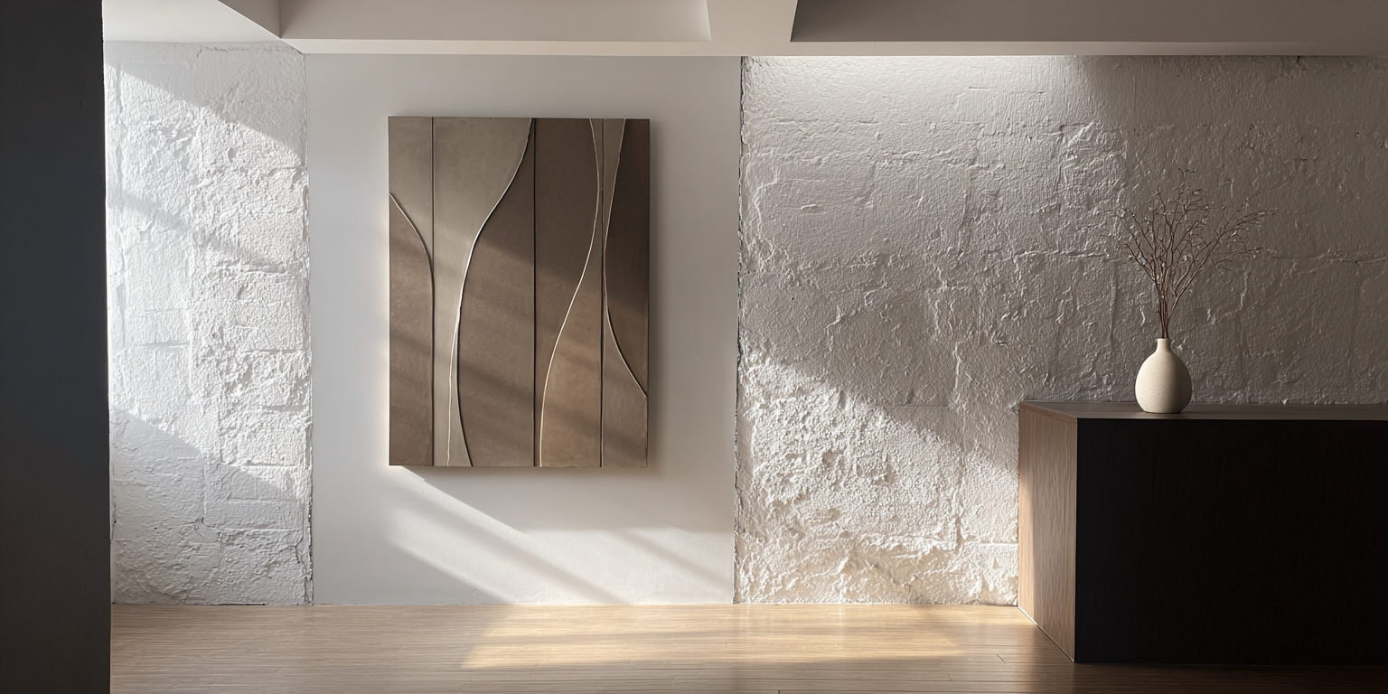 Stylish modern living room with a decorated large empty wall featuring shelves, art, and plants