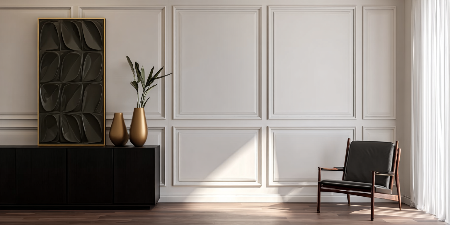 Minimalist living room with white plaster walls and clean-lined, modern art frames arranged symmetrically
