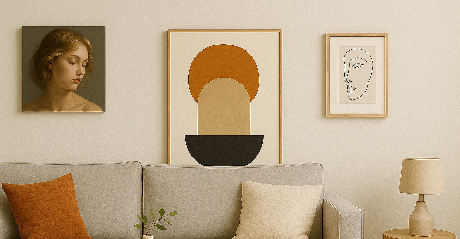 Modern living room wall with lightweight art hanging without nails using adhesive strips