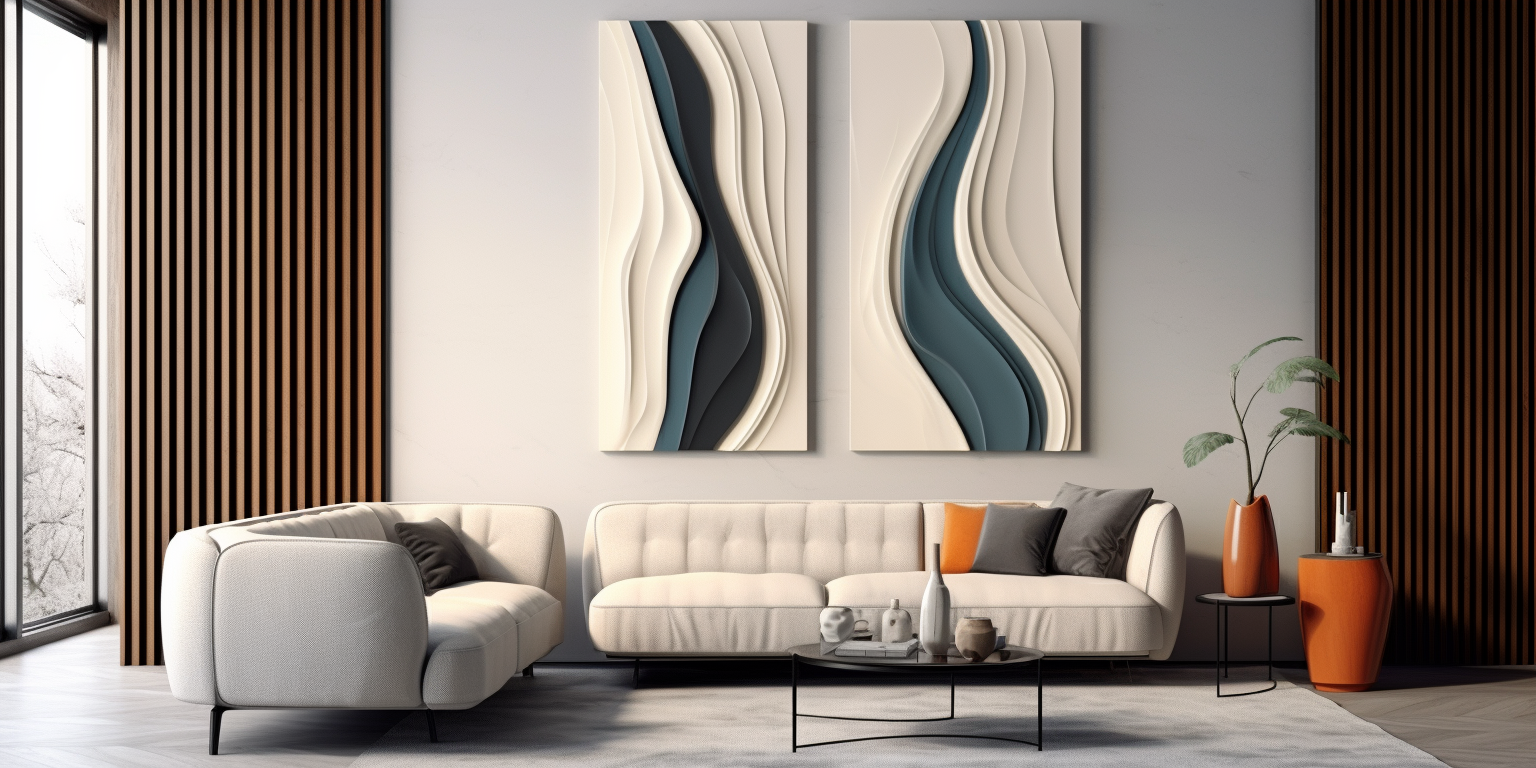 A contemporary living room featuring geometric wall art inspired by Art Nouveau curves, showcasing the blend of minimalism with nature-inspired elegance.