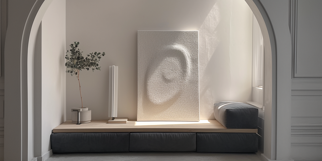 3D wood wall art piece hanging in a minimalist hallway